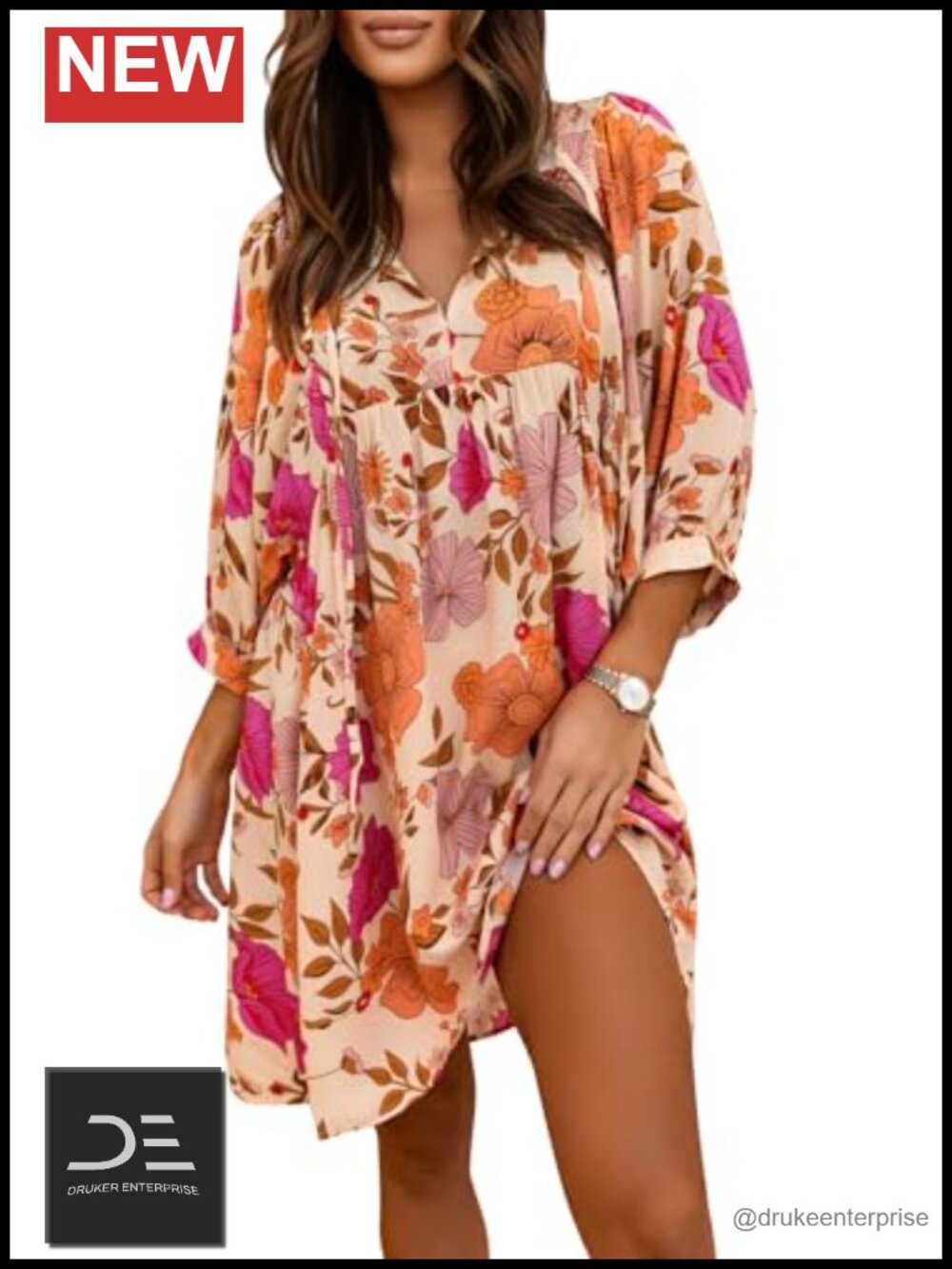Womens Summer V Neck Half Sleeve Floral Mini Tunic Short Dress